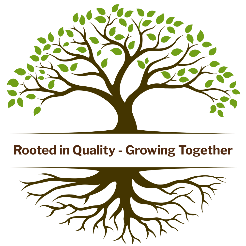 Illustration of a tree with green leaves and visible roots with the text 'Rooted in Quality – Growing Together,' symbolizing accreditation and institutional quality
