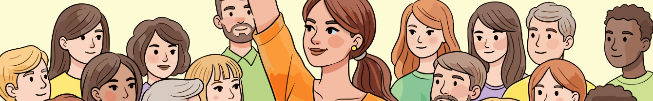 Illustration of a diverse group of people with one person raising their hand, representing community participation during Caucus Night