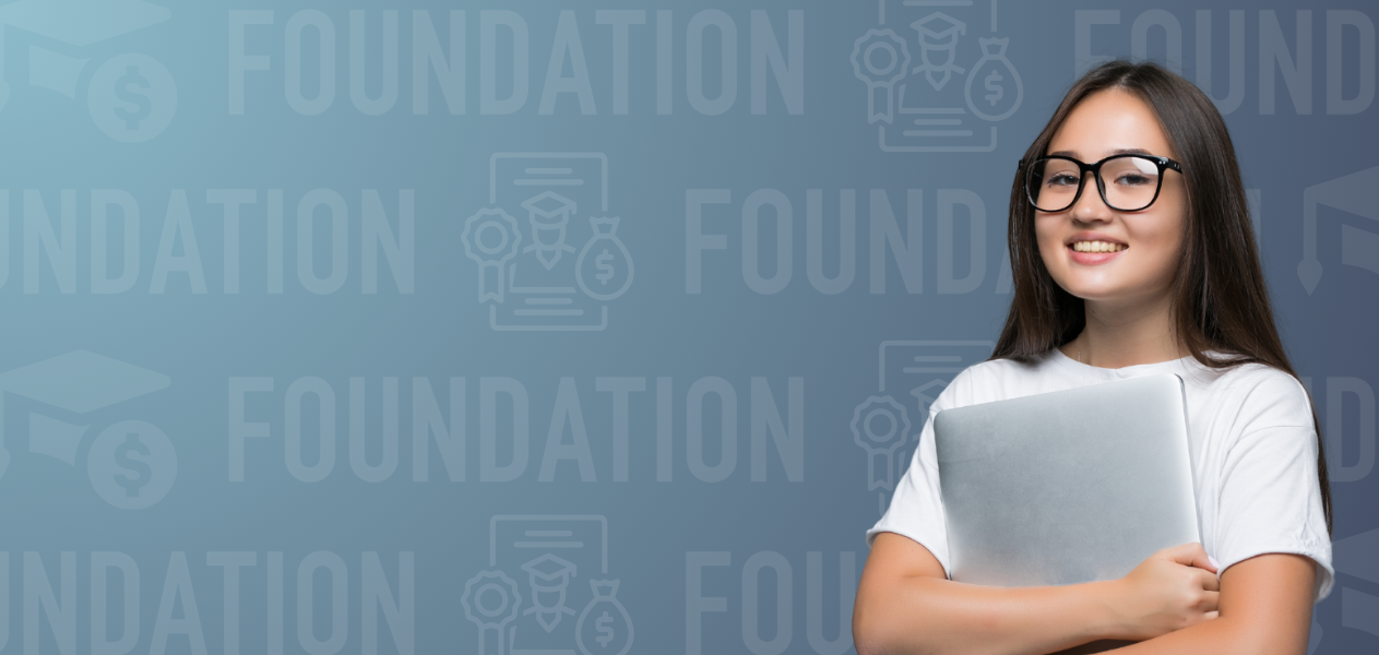 female with foundation scholarship icons background