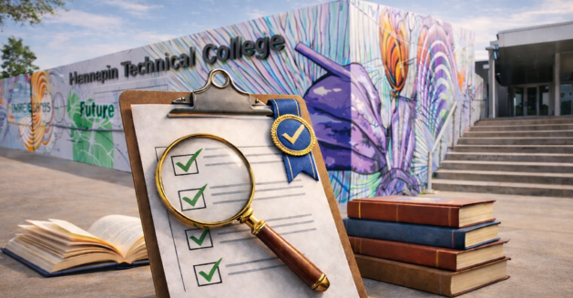 Checklist and books in front of Hennepin Technical College building, symbolizing academic quality review and accreditation progress.