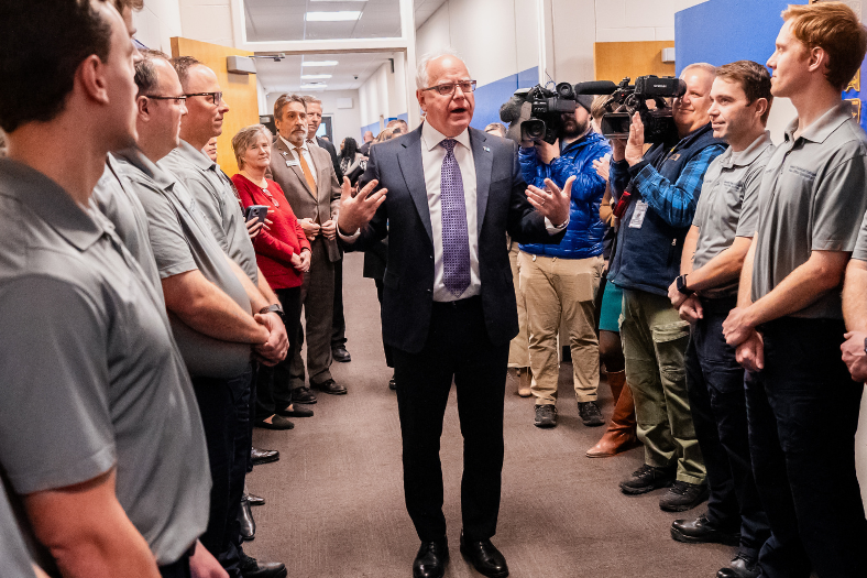 Minnesota Governor Tim Walz speaks to Peace Officer students at Hennepin Technical College